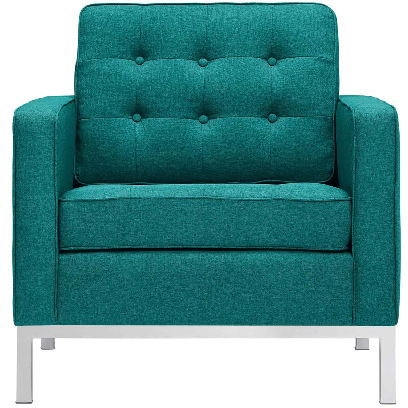 Modway Loft Upholstered Fabric Mid-Century Modern Accent Arm Lounge Chairs in Teal - Set of 2