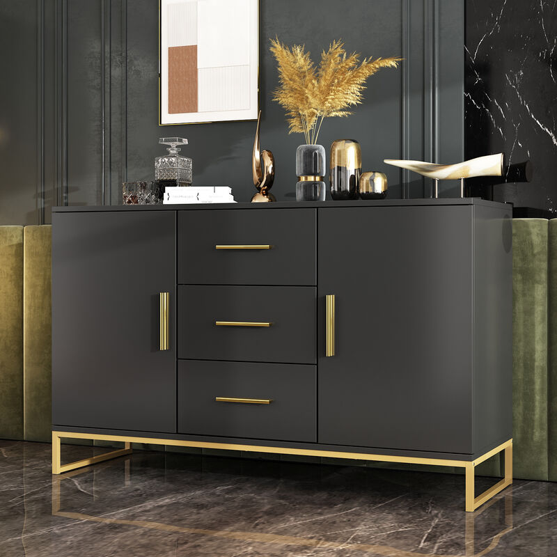 Black Storage Accent Cabinets with 3-Drawers and 2-Cabinets, Metal Legs Cupboard Floor-Standing Sideboard