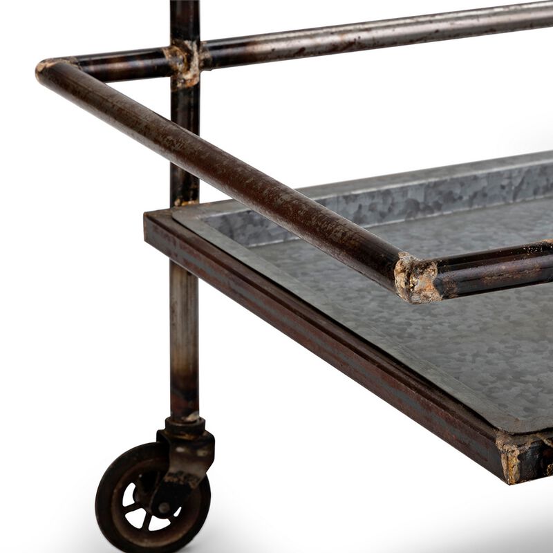 35 Inch 2 Tier Bar Cart, Industrial Style, Caster Wheels, Rustic Bronze - Benzara
