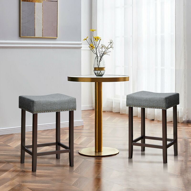 2 Pieces Nailhead Saddle Bar Stools with Fabric Seat and Wood Legs