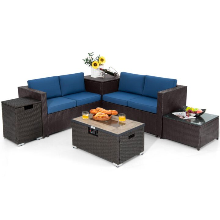 Hivvago 6 Pieces Outdoor Wicker Furniture Set with 32 Inch Propane Fire Pit Table