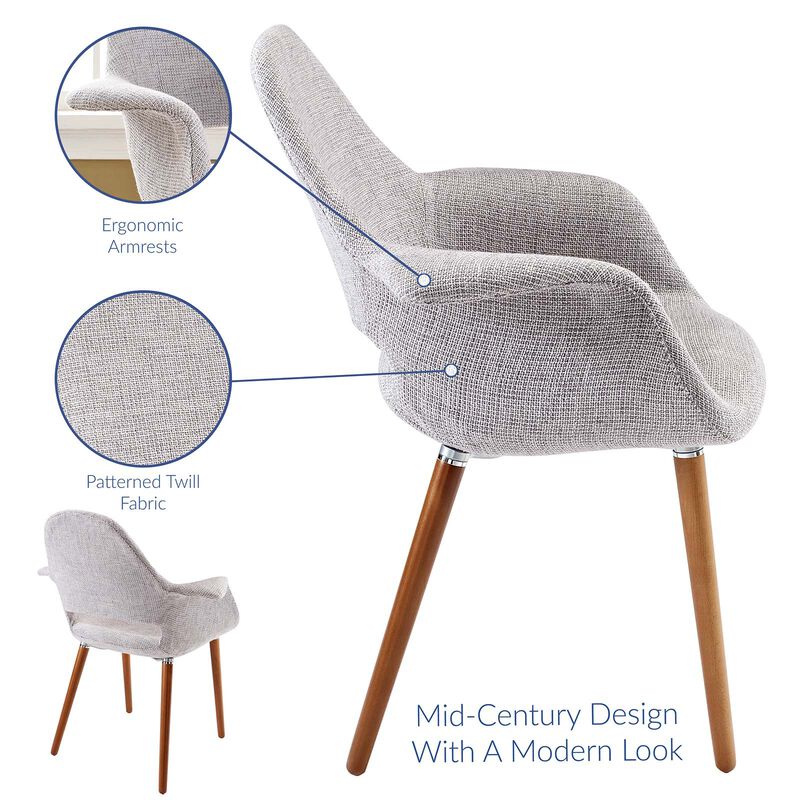 28 Inch Dining Armchair, Gray Fabric, Flared Design Arms, Beechwood Legs-Benzara