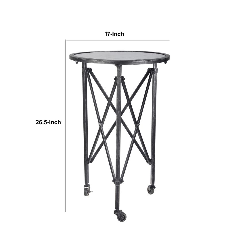 27 Inch Side Table, Round Metal Body, Glass Tabletop, 3 Wheels, Silver - Benzara