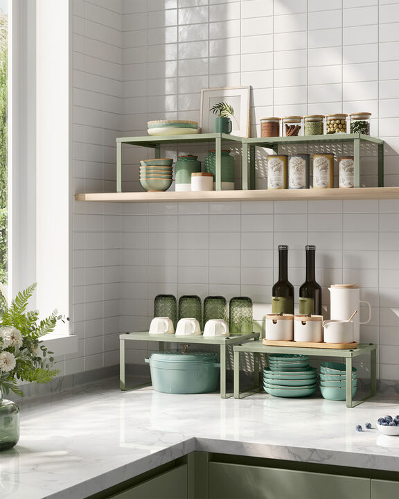Set of 2 Stackable and Expandable Metal Cabinet Shelf Organizers for Kitchen Counter