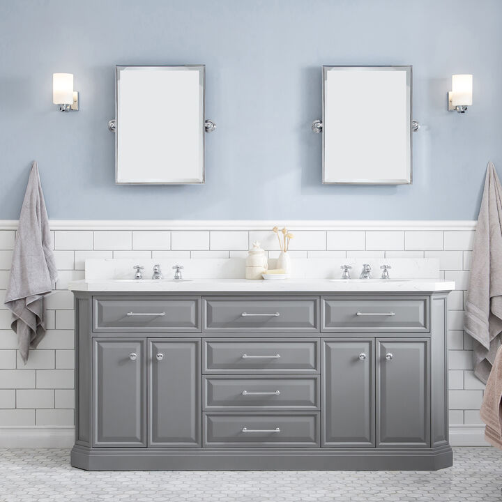 Palace 72 In. Double Sink Carrara Quartz Countertop Bath Vanity in Cashmere Grey with Chrome Hardware and Rectangular Pivot Mirrors