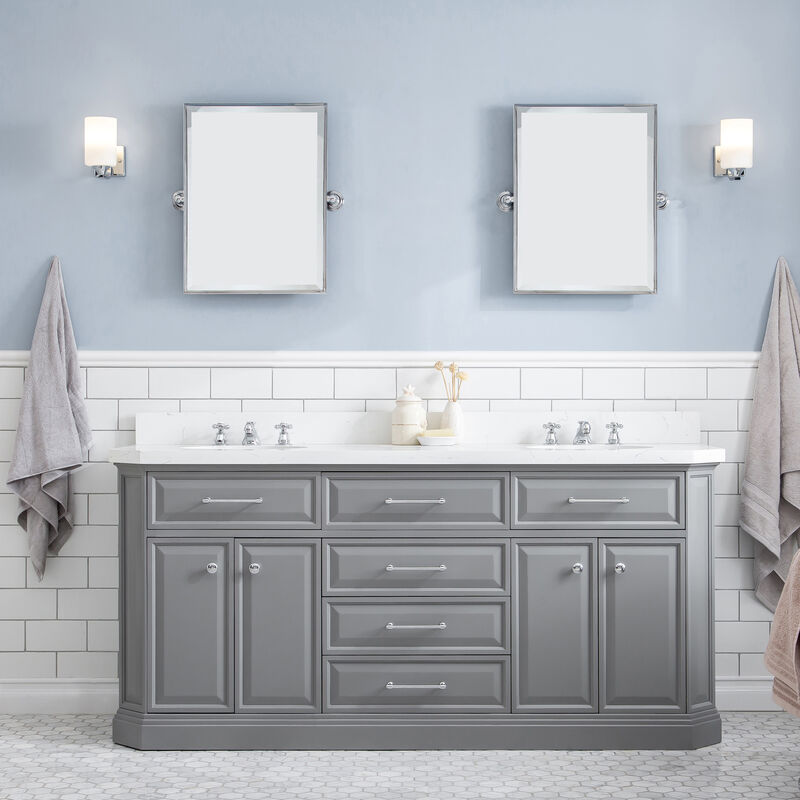 Palace 72 In. Double Sink Carrara Quartz Countertop Bath Vanity in Cashmere Grey with Chrome Hardware and Rectangular Pivot Mirrors