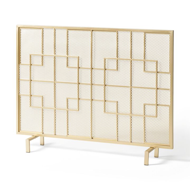 31x41 Fireplace Screen, Overlapping Square Design, Classic Gold Iron -Benzara