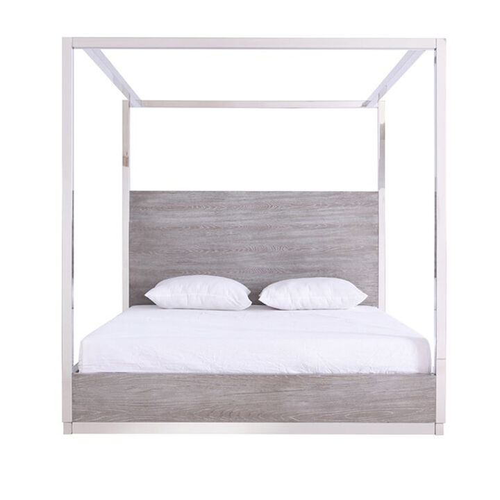 Cid Anvi Platform King Bed, Stainless Steel Canopy, Gray Elm Veneer - Benzara