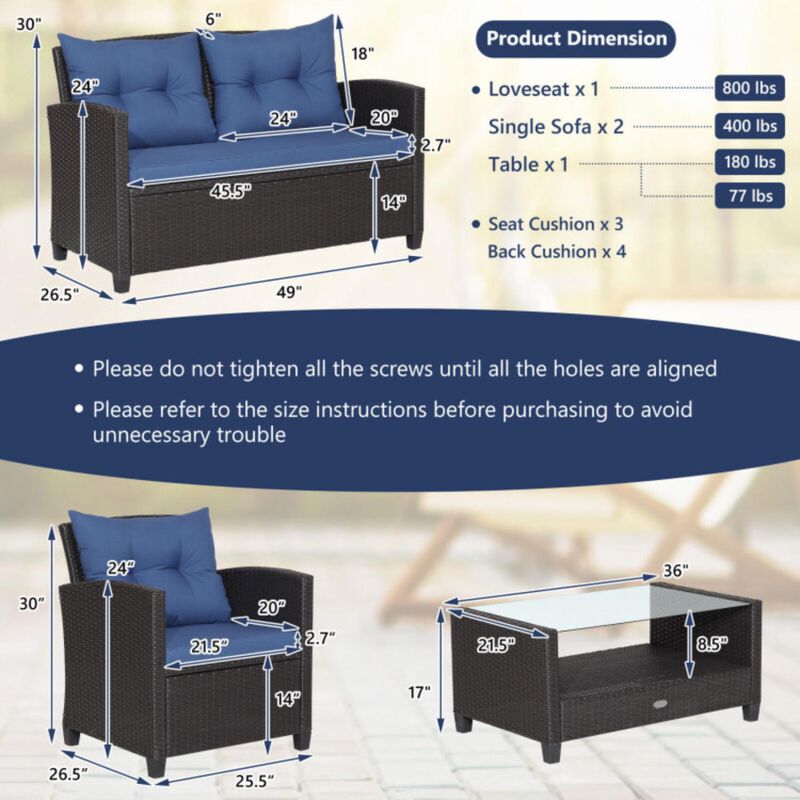 Hivvago 4 Pieces Patio Rattan Furniture Set with Tempered Glass Coffee Table