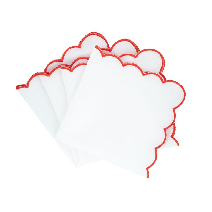 Red Scalloped Linen Napkins, Set of 4