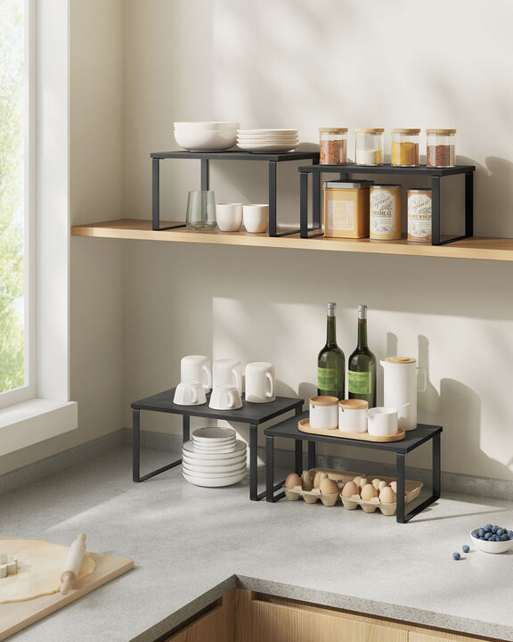 Expandable and Stackable Cabinet Shelf Organizer – Metal and Bamboo Kitchen Counter Shelves, Set of 2