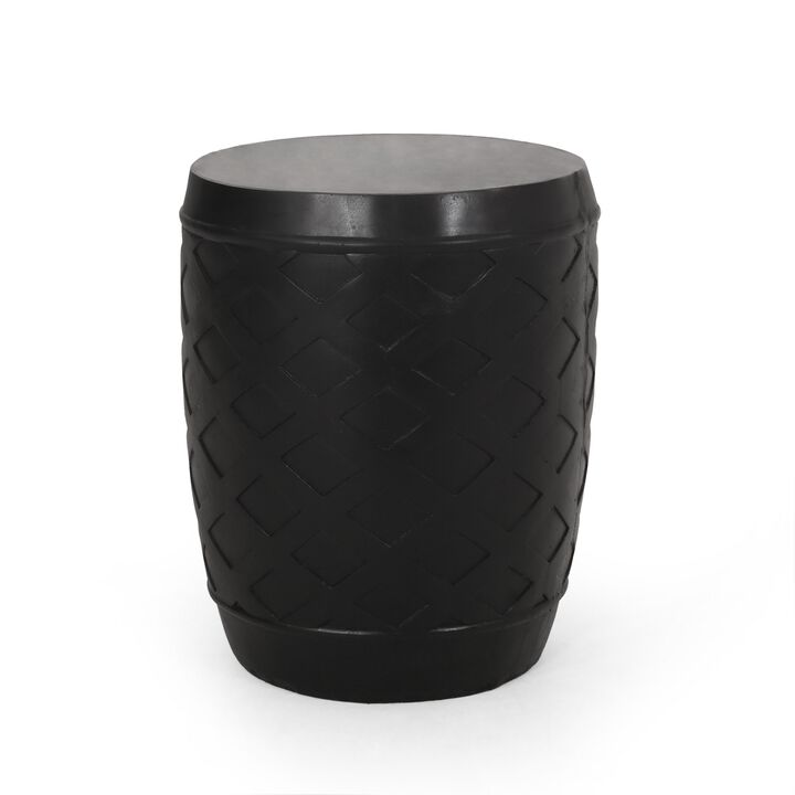 Outdoor Side End Table, 16 Inch Lattice Pattern, Black Concrete Finish - Benzara