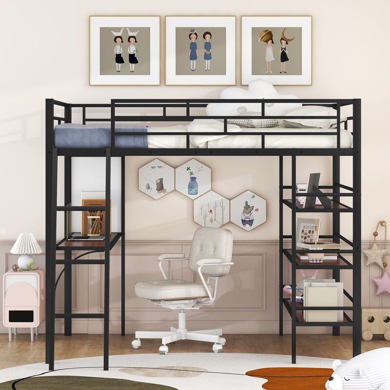 Merax Metal Loft  Bed with  Desk and 3 Layers of Shelves
