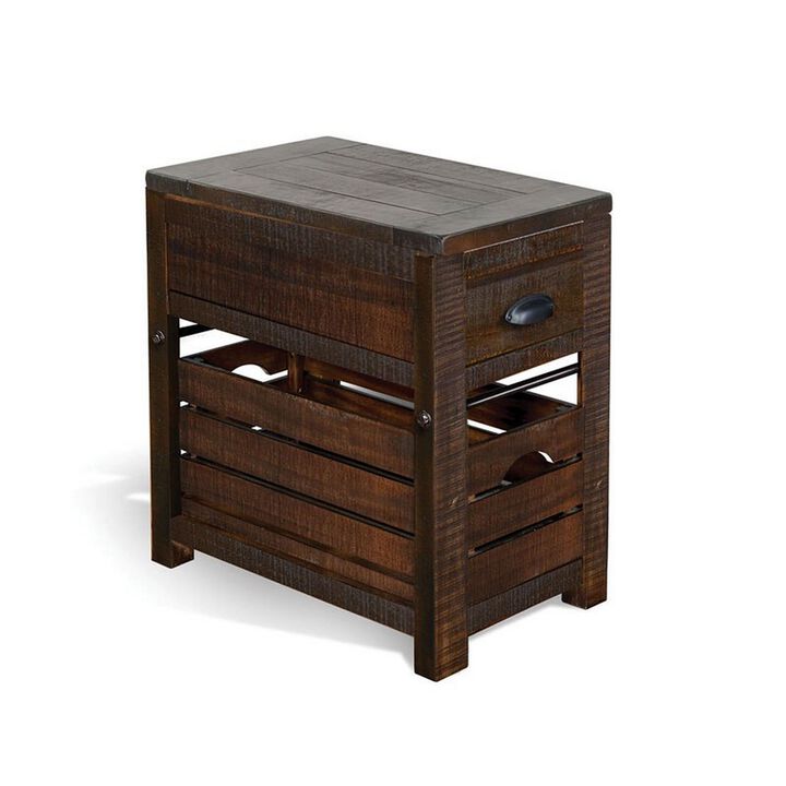 Flint Accent Chairside Table, 1 Drawer, Crate, 26 Inch Dark Brown Wood - Benzara