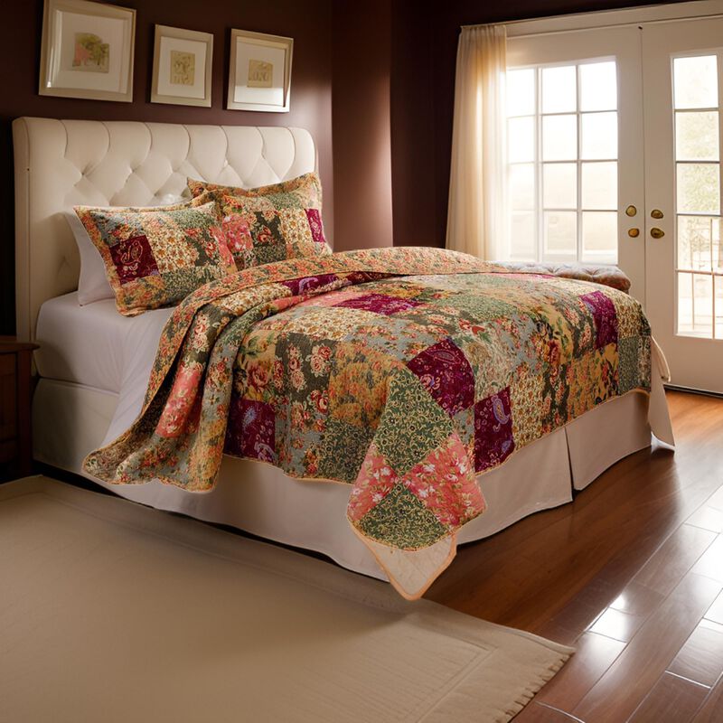 Kamet 3 Piece Fabric Queen Size Quilt Set with Floral Prints, Multicolor - Benzara