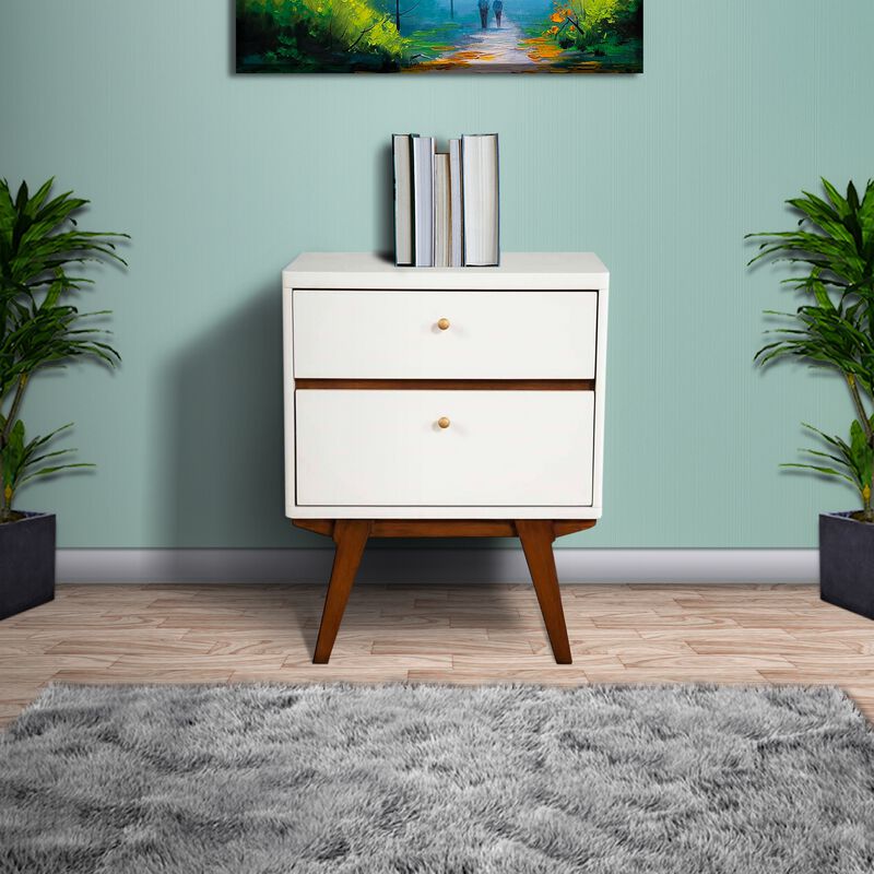 2 Drawer Wooden Nightstand with Angled Legs, White and Brown-Benzara