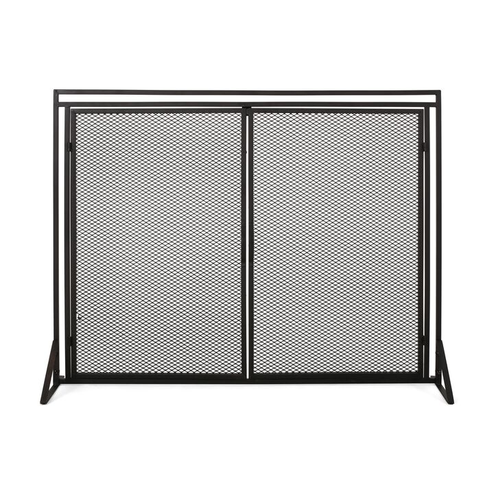 Fireplace Screen, 2 Doors, Open Diamond Mesh Design, Matte Black Iron -Benzara