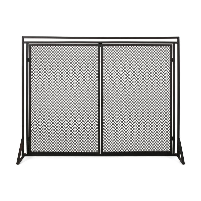 Fireplace Screen, 2 Doors, Open Diamond Mesh Design, Matte Black Iron -Benzara