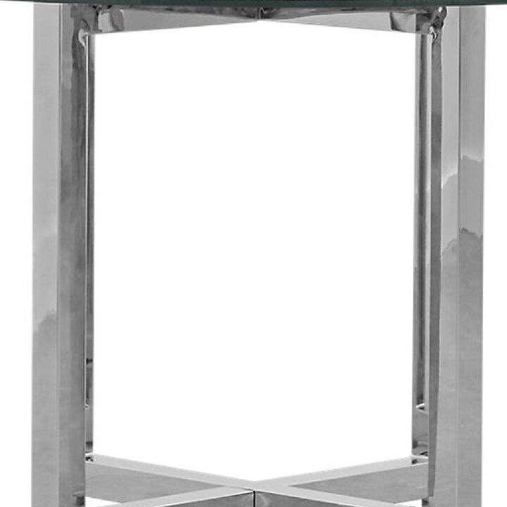 Eun 48 Inch Round Dining Table with Clear Glass Top, Cross Base, Chrome - Benzara