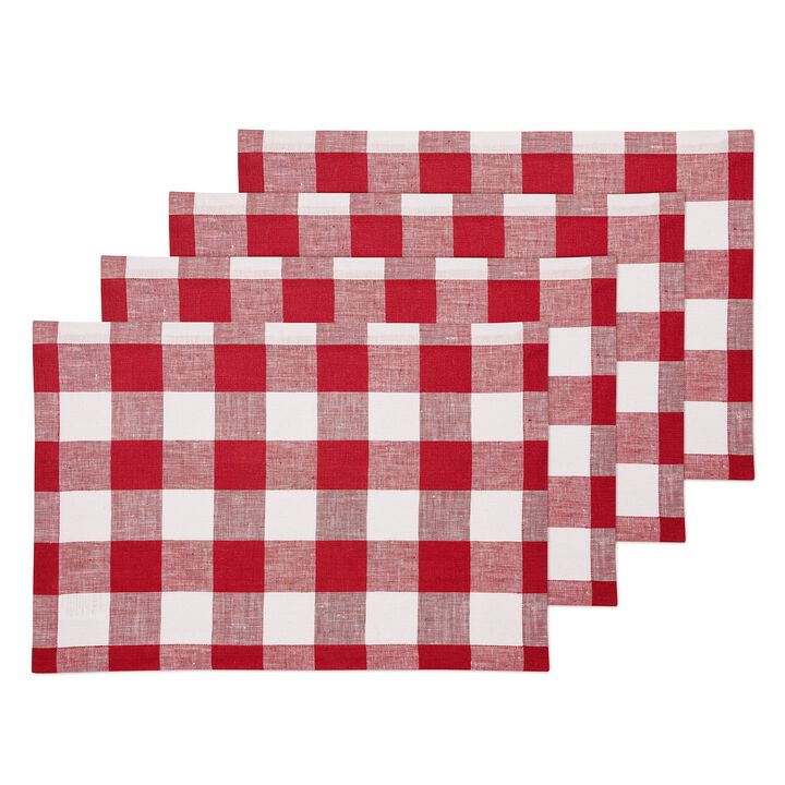 Solino Home 100% Pure Linen 14 x 19 Inch Placemats Set of 4 | Buffalo Check
