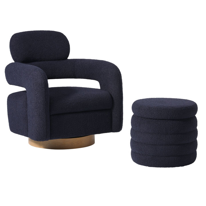WestinTrends Mid-Century Modern Sherpa Swivel Barrel Accent Chair With Storage Ottoman