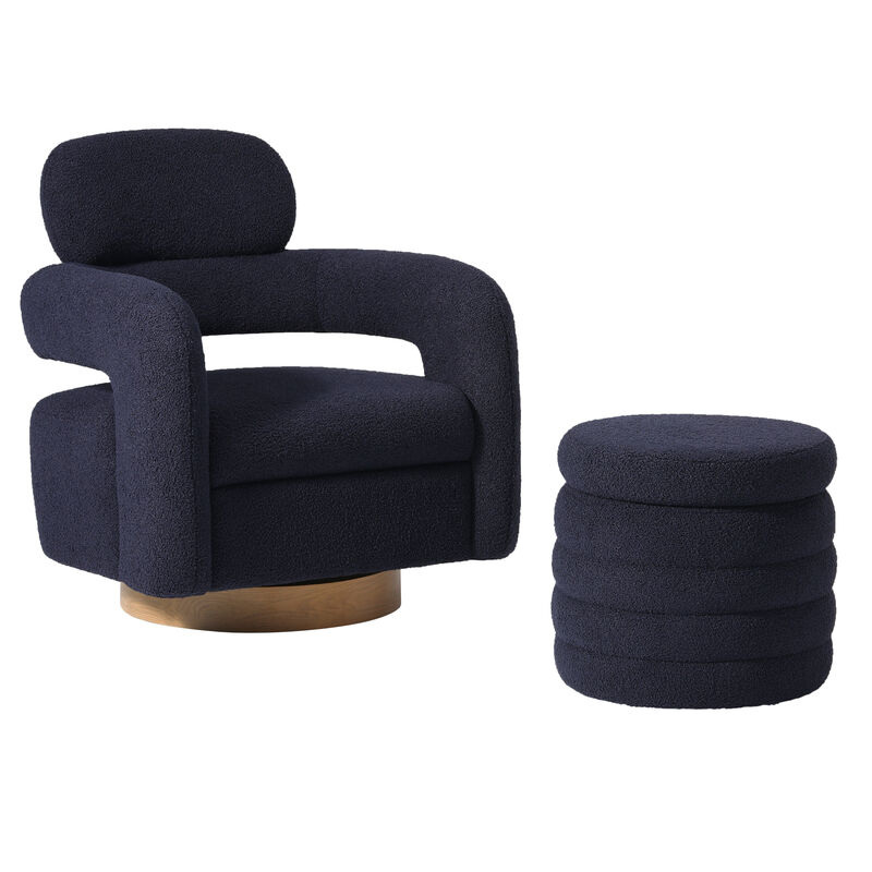 WestinTrends Mid-Century Modern Sherpa Swivel Barrel Accent Chair With Storage Ottoman
