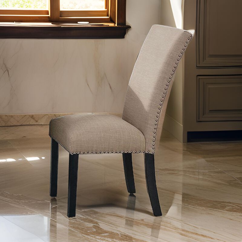 Wooden Side Chairs with Nailhead Trims, Set of 2, Beige and Black-Benzara
