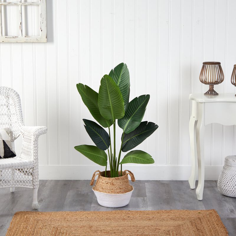 Hivvago 4 Feet Travelers Palm Artificial Tree in Boho Chic Handmade Cotton & Jute White Woven Planter