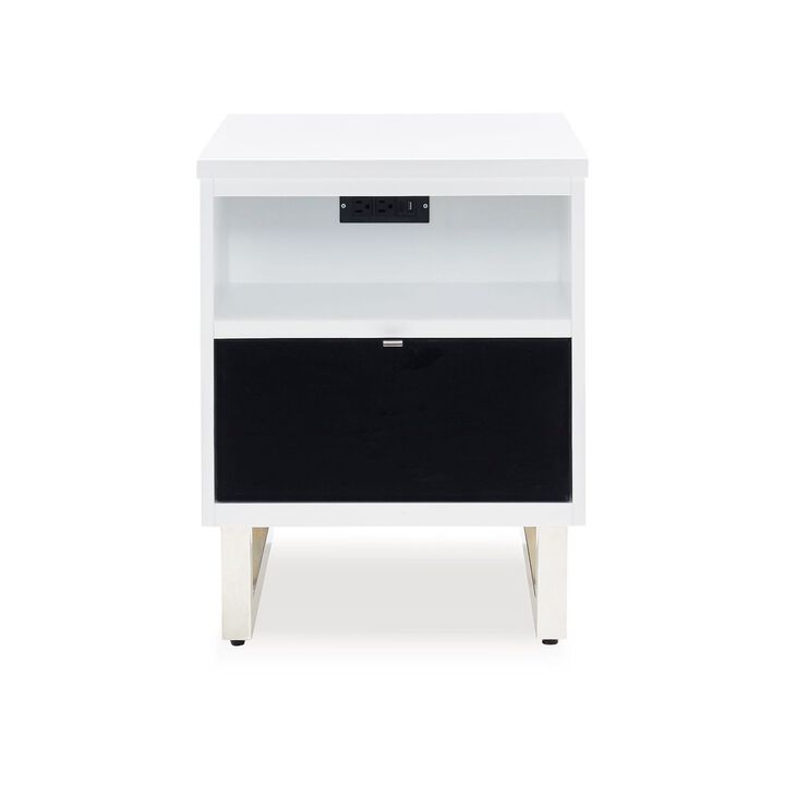 Tonny Chair Side Table, Dual USB Ports, Black Glass, White, 24 Inch - Benzara