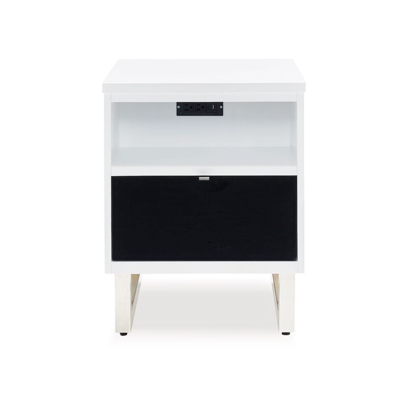 Tonny Chair Side Table, Dual USB Ports, Black Glass, White, 24 Inch - Benzara