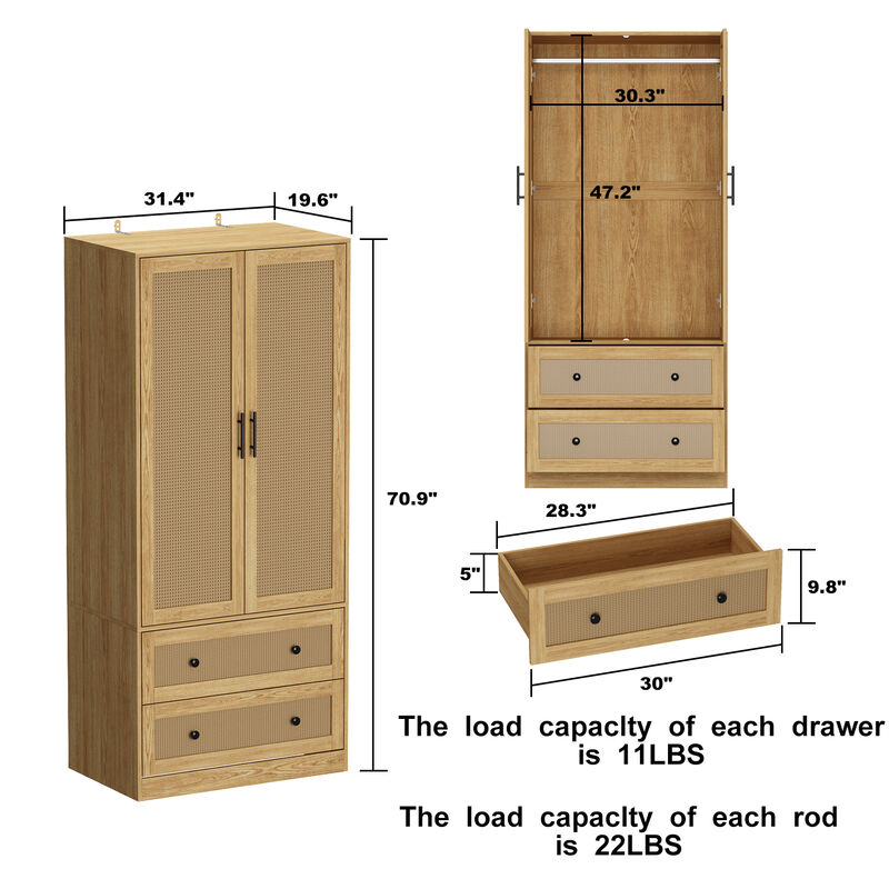 Brown Wooden Grain 31.4 in. Width Wooden Wardrobe, Armoire with 2-Tier Drawers and Hanging Bar