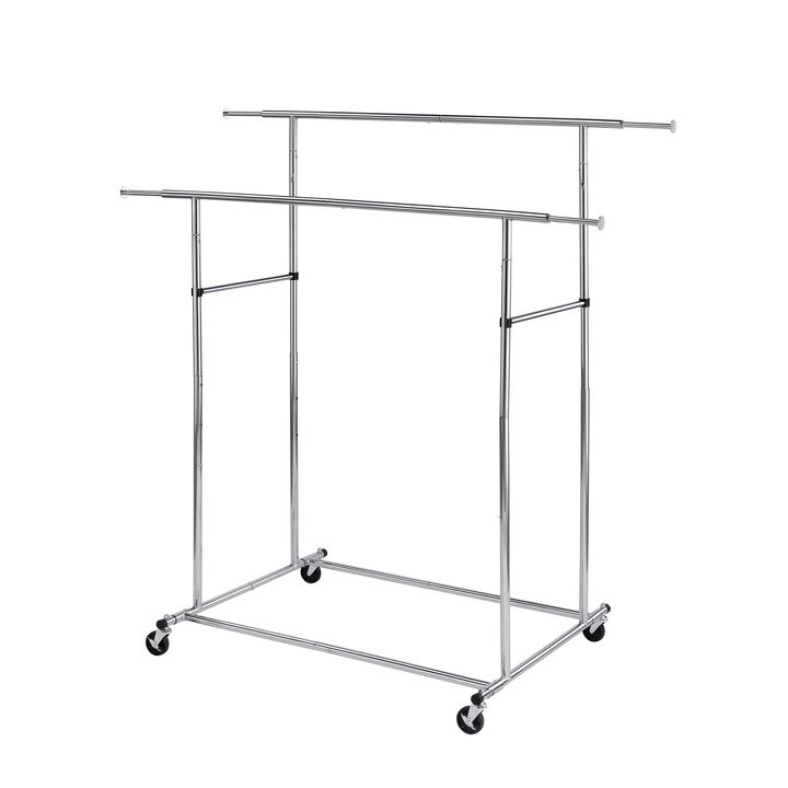 Dual Bar Tubular Metal Frame Garment Rack with Casters, Chrome - Benzara