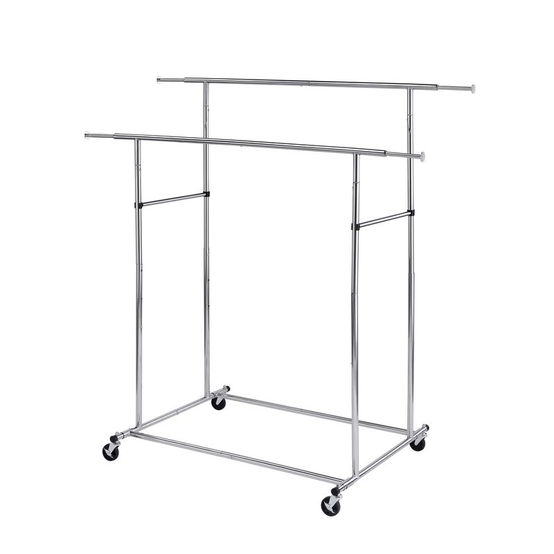 Dual Bar Tubular Metal Frame Garment Rack with Casters, Chrome - Benzara