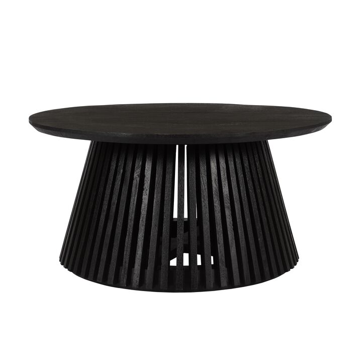 Ridge 32 Inch Handcrafted Round Coffee Table, Mango Wood, Slatted Flared Base, Black-Benzara