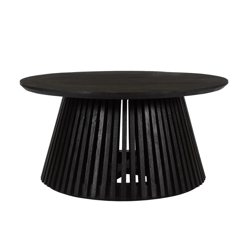 Ridge 32 Inch Handcrafted Round Coffee Table, Mango Wood, Slatted Flared Base, Black-Benzara