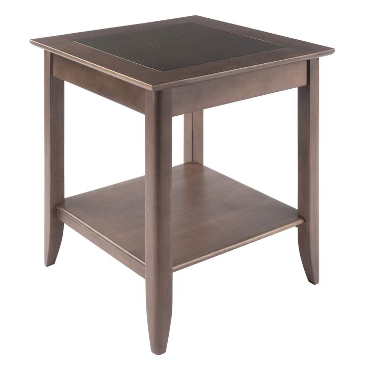 Santino End Table - Contemporary Oyster Gray Finish, Wood Inlay, Versatile Accent Table for Living Room or Bedside, Spacious Lower Shelf, Solid Wood Frame, Easy Assembly - 24"H x 22.6"W x 22.6"D