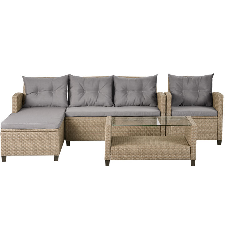 Patio Furniture Sets, 4 Piece Conversation Set Wicker Ratten Sectional Sofa with Seat Cushions