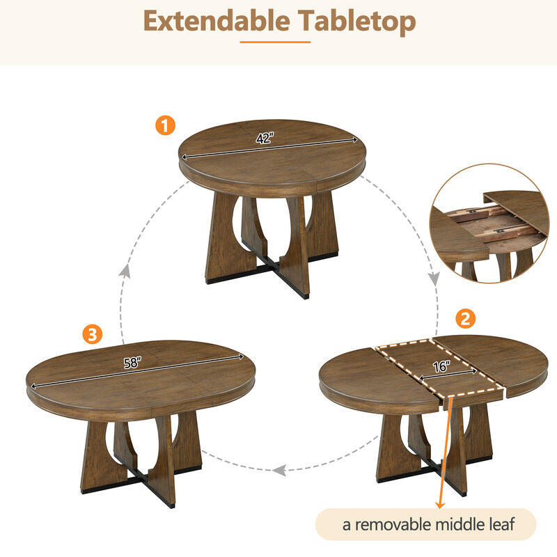 Gewnee  5-Piece Retro Rustic Functional Dining Set Unique Geometric Design, 1 Extendable Table with a 16-inch Leaf and 4 Upholstered Chairs Ideal for Dining Room and Kitchen (Walnut)
