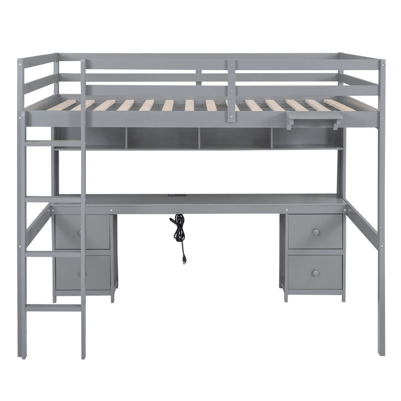 Full Size Loft Bed With Desk, Cabinets, Drawers And Bedside Tray, Charging Station