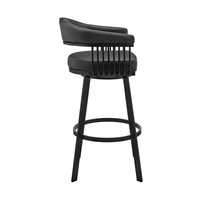 Swivel Barstool with Open Metal Frame and Slatted Arms, Black-Benzara