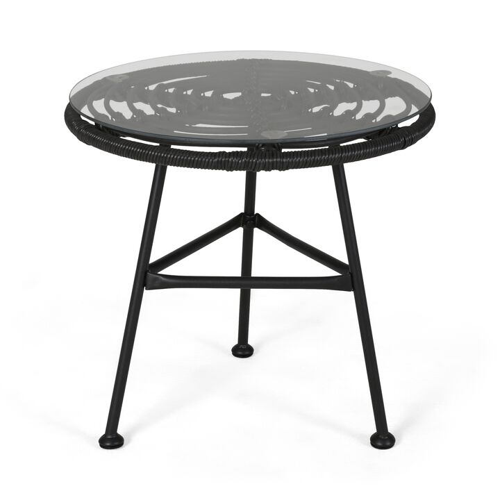 Tee Outdoor Side End Table, 20 Inch Rattan Weave with Glass Top, Gray - Benzara