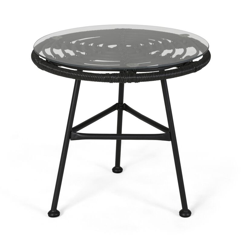 Tee Outdoor Side End Table, 20 Inch Rattan Weave with Glass Top, Gray - Benzara