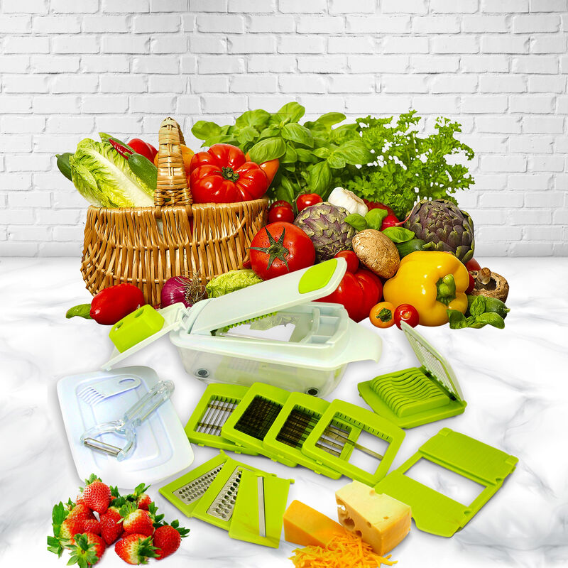 MegaChef 8-in-1 Multi-Use Slicer Dicer and Chopper with Interchangeable Blades, Vegetable and Fruit Peeler and Soft Slicer