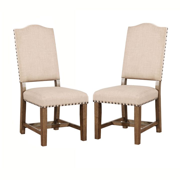 Fabric Upholstered Solid Wood Side Chair, Pack of Two, Beige and Brown-Benzara
