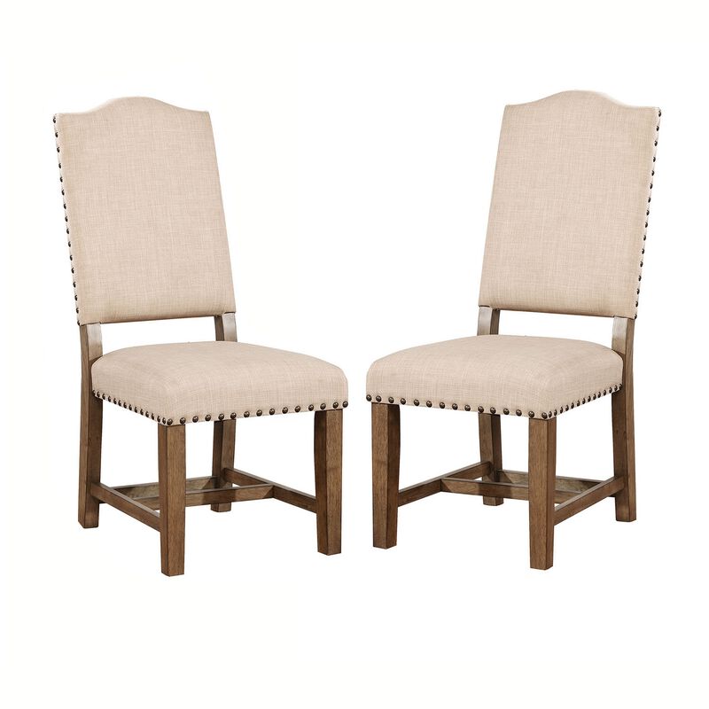 Fabric Upholstered Solid Wood Side Chair, Pack of Two, Beige and Brown-Benzara