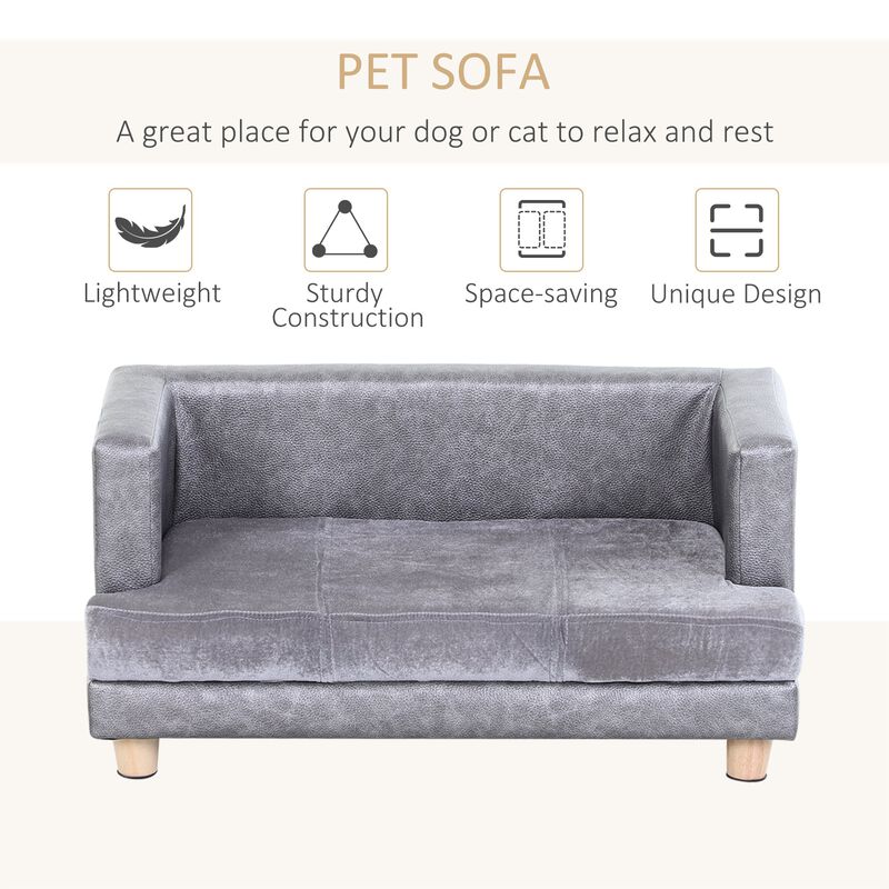 Grey Pet Sofa: Small Dog/Cat Bed with Faux Leather Combo