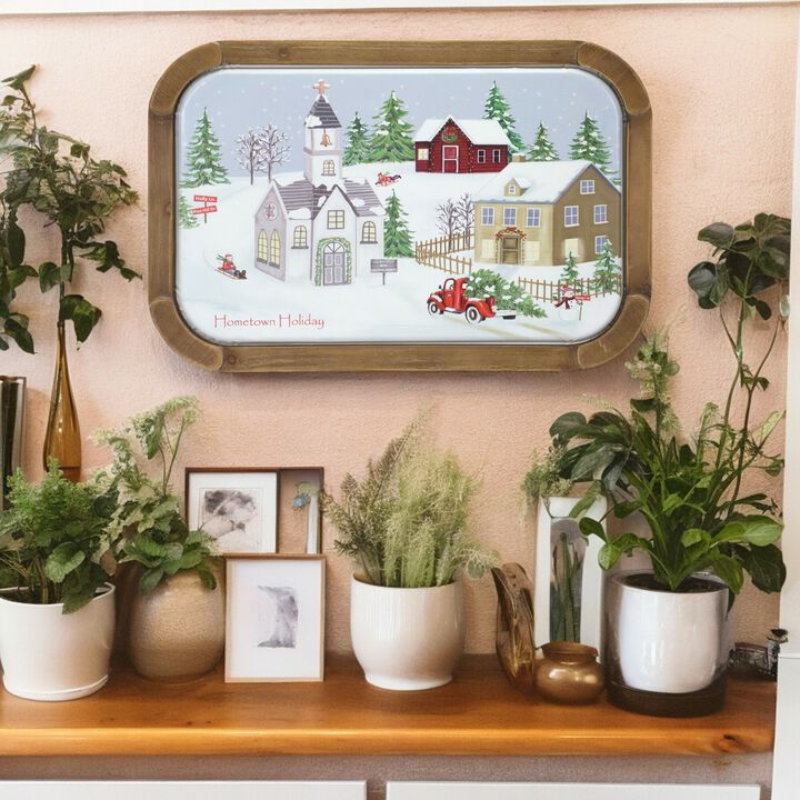 Vintage Church with House and Truck Scene for Rustic Home Decor