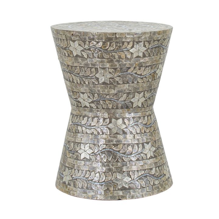 19 Inch Luxury Accent Table Stool, Star Foliage Pattern, Gray and Brown - Benzara