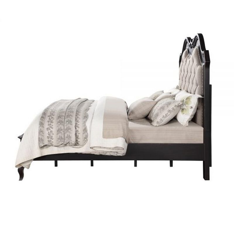 Benjara Chery Queen Size Bed with Button Tufted Headboard, Upholstery, Beige, Black