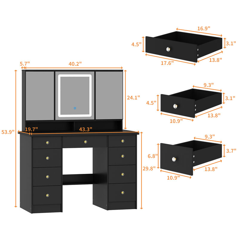 FUFU&GAGA Black Makeup Vanity with LED Mirror, 6 Drawers and Storage Compartments (43.3" W x 53.9" H x 19.7" D), Elegant Black
